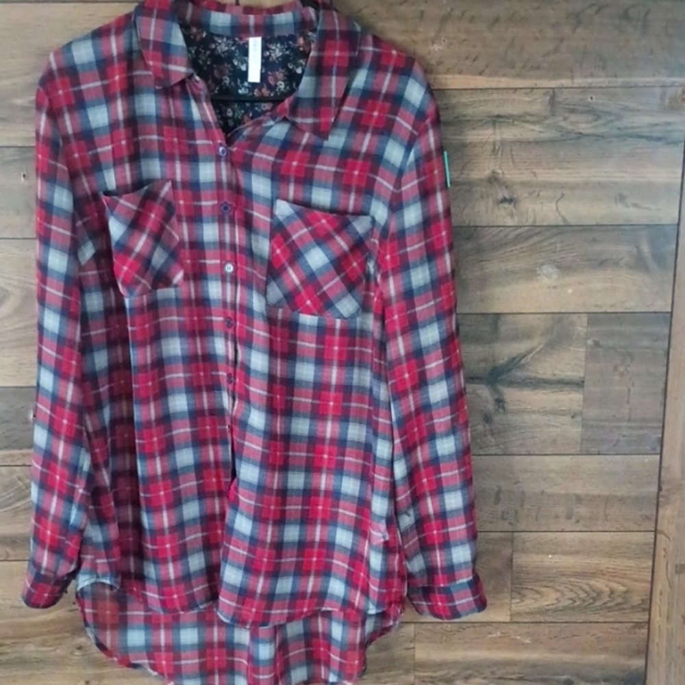 Red and Gray Plaid Button-Up Shirt